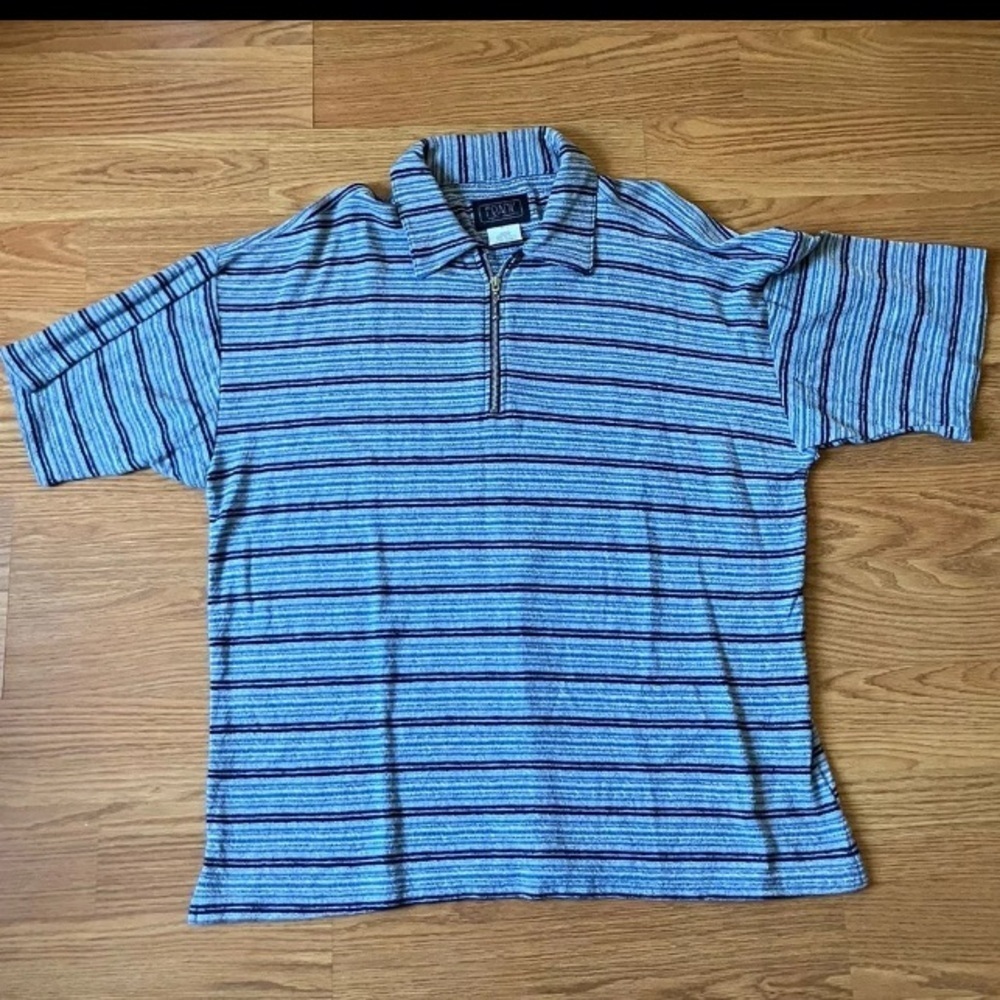 VINTAGE 70s/80s Frank Cloth Shirt Zip Blue striped Men Size Large